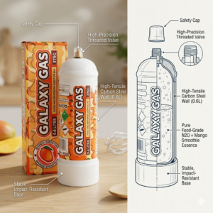Technical Detail Shot: Close-up view of the secure threaded valve and safety cap on an authentic 600g Mango Smoothie Galaxy Gas cylinder.